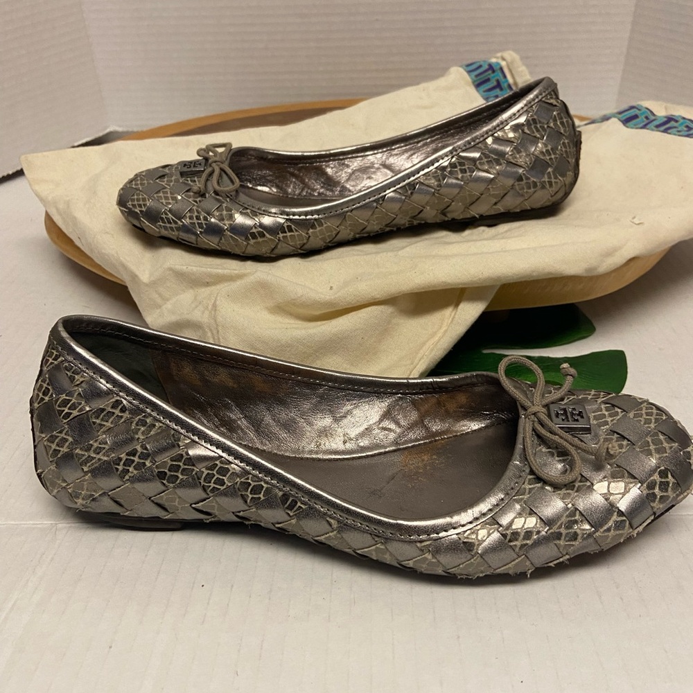 Tory Burch Silver Woven Leather Flats With Dustbag